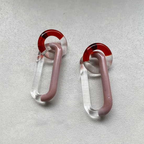 TwoTone Glass Chain Earrings - Red&Pink - - YAGA